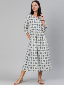 Off White And Blue Printed Dress